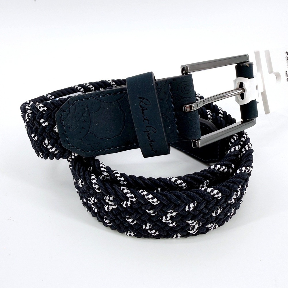 Robert Graham Jacob Belt Men Size 36 Navy Braided Woven Stretch Leather Trim NEW